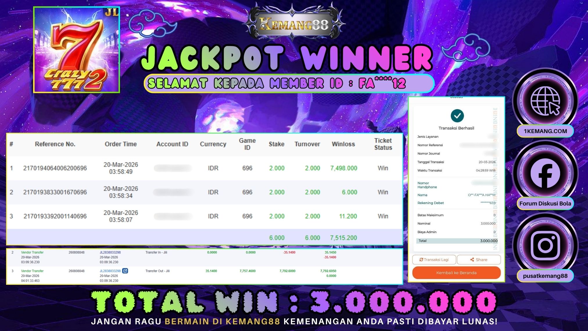 KEMANG88 [20 Maret 2026] : JACKPOT SLOT : CRAZY777 2 [JILI] Rp. 3.000.000.,- LUNAS